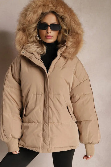 KATCH ME Taupe Versatile Stylish Plush Hooded Zip-Up Thermal Cotton Coat Coat 41.99